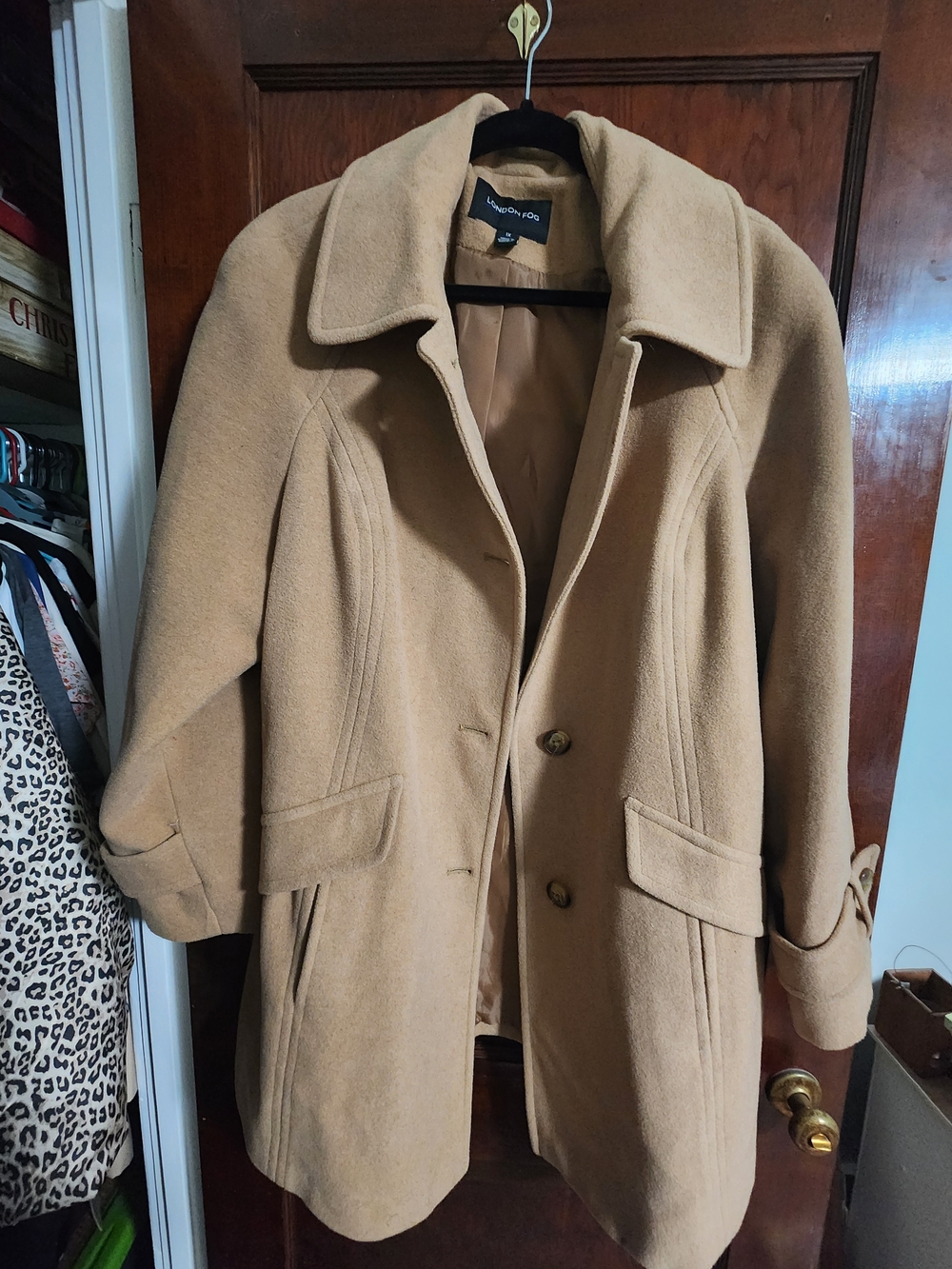 London Fog Camel Wool-Blend Pea Coat with Flap Pockets